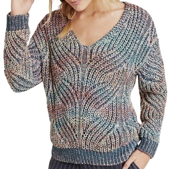Anthropologie Chroma Chunky Knit Sweater XS Multicolor Rainbow Tinted V-Neck - Picture 1 of 12